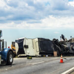 Fifth wheel RV overturned on highway with wench truck trying to get it off the road and two semis parked nearby and traffic cones keeping traffic away Fifth wheel RV overturned on highway with wench truck trying to get it off the road and two semis parked nearby and traffic cones keeping traffic away